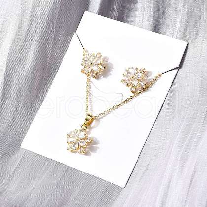 Flower Brass Micro Pave Clear Cubic Zirconia Stud Earrings & Pendant Necklaces Sets SJEW-Z002-04G-1