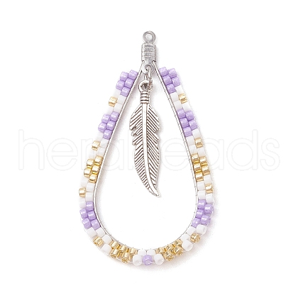 Bohemia Style Glass Seed Beaded Teardrop with Feather Pendants PALLOY-MZ00589-02-1