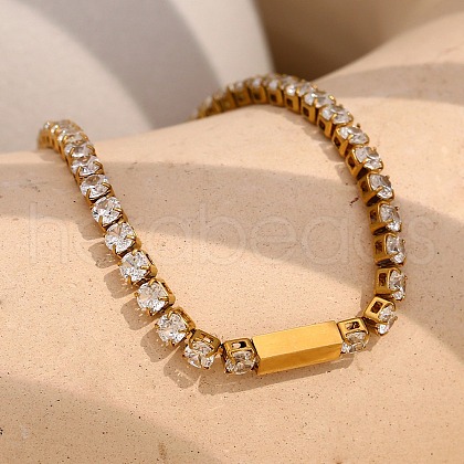 304 Stainless Steel Pave Cubic Zirconia Square Link Chain Bracelets for Women BJEW-B134-04G-1
