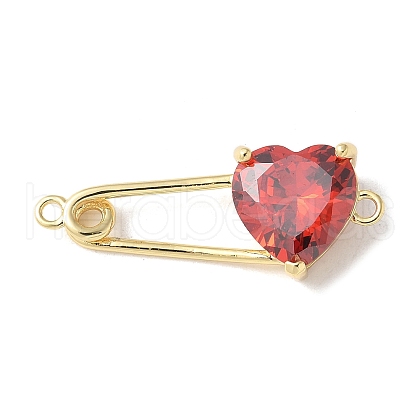 Brass Cubic Zirconia Heart Safety Pin Connector Charms KK-Q031-45G-02-1