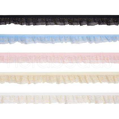 Cheriswelry 25 Yards 5 Colors Double Tiers Pleated Chiffon Polyester Ribbons ORIB-CW0001-01-1
