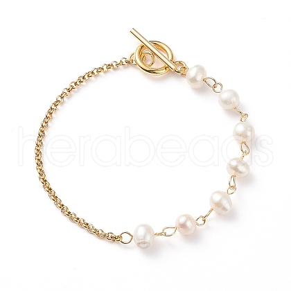 Mother's Day Jewellery Natural Pearl Beaded Link Bracelet with 304 Stainless Steel Rolo Chains for Women BJEW-JB08776-01-1