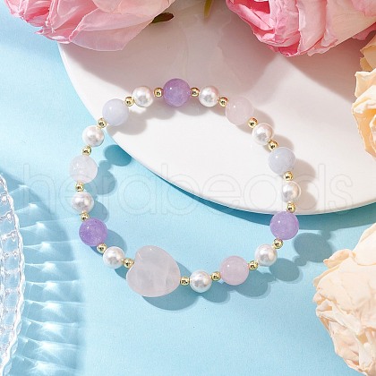 Heart Natural Aquamarine & Rose Quartz & Amethyst Beads Stretch Bracelets for Women BJEW-JB11759-1