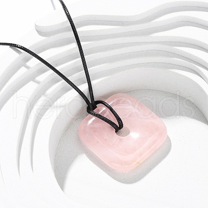 Natural Rose Quartz Square Pendants Black PU Leather Cord Necklaces NJEW-K285-01D-1