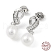 Anti-Tarnish Cubic Zirconia Bowknot with Natural Pearl Dangle Stud Earrings EJEW-F318-15P-3