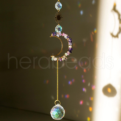Natural Fluorite Chip Moon Pendant Hanging Ornaments G-PW0007-092G-1