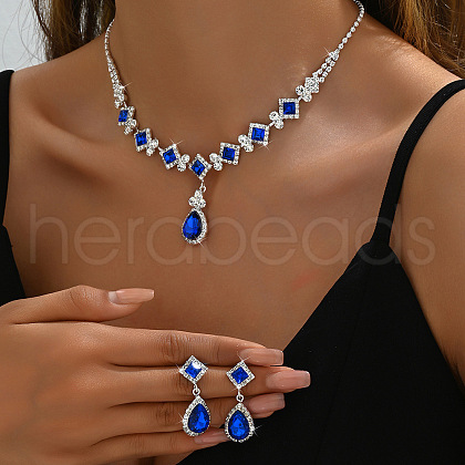 Teardrop & Rhombus Brass Rhinestone Pendant Necklaces & Stud Dangle Earrings Sets FS-WG09414-01-1
