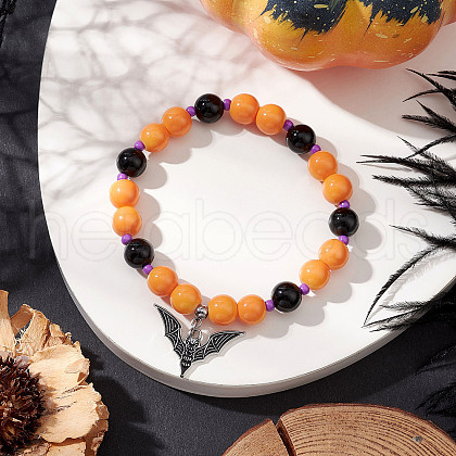 Halloween Theme Baking Painted Glass & Natural Black Onyx(Dyed & Heated) Round Beaded Stretch Bracelets BJEW-MZ00188-02-1