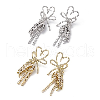 Clear Cubic Zirconia Heart Bowknot with Wheat Dangle Stud Earrings EJEW-M210-06-1