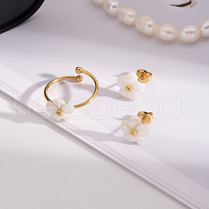 Fashion Stainless Steel Flower Cuff Rings & Stud Earrings Sets for Women WL9140-1-1
