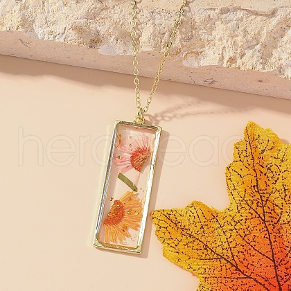 Rectangle with Inner Flower Resin Pendant Iron Cable Chain Necklaces for Women FS-WG0F8F1-09-1