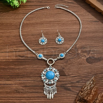 Flower Bohemian Ethnic Style Zinc Alloy & Resin Pendant Necklace & Dangle Earring Sets FS-WGD47C5-01-1