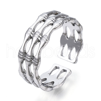 Non-Tarnish 304 Stainless Steel Bamboo Shape Open Cuff Ring RJEW-N040-34-1