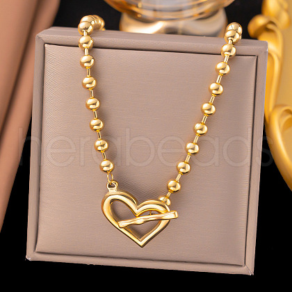 304 Stainless Steel OT Heart Pendant Ball Chain Necklaces for Women NJEW-C088-05G-1
