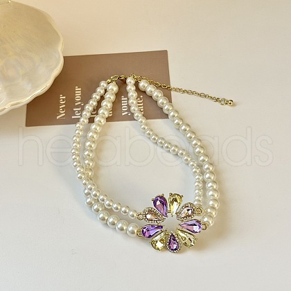 Flower Alloy Colorful Rhinestone Pendant Plastic Imitation Pearl Beaded Double Layer Necklaces FS-WG2A466-01-1