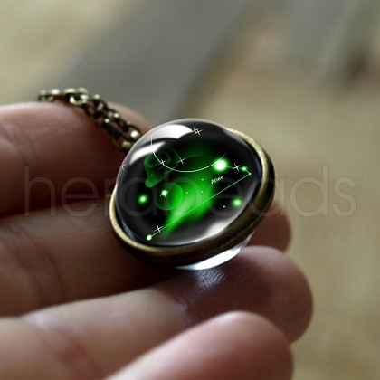 Double Glass Round with Constellation Pendant Alloy Chain Necklaces WG188F6-11-1
