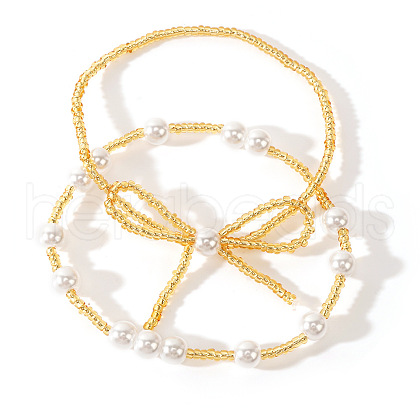 2Pcs Bohemian Bowknot Brass & Glass Pearl Beaded Stretch Bracelets for Women RB2113-1