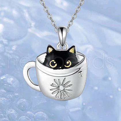 Black Cat in Cup Alloy Enamel Pendant Necklaces for Women FS-WG88A58-01-1