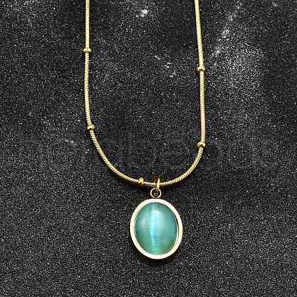 Imitation Cat Eye Oval Pendant Necklace with Round Snake Chains X-NJEW-G085-06G-1