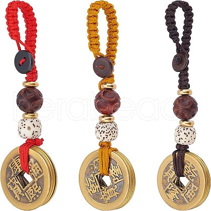 SUPERFINDINGS 3Pcs 3 Style Brass Lucky Coins Five Emperor Money Feng Shui Coins Pendant AJEW-FH0002-29-1