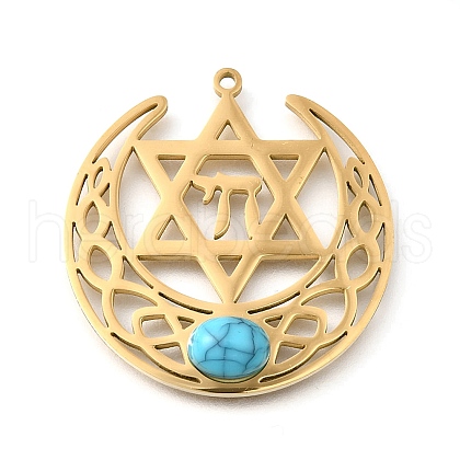 304 Stainless Steel Pave Synthetic Turquoise Star of David and Chai Symbol Pendants STAS-S178-08G-1