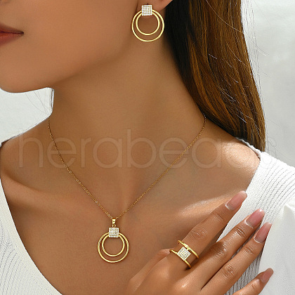 Rectangle & Ring 304 Stainless Steel with Crystal Rhinestone Pendant Necklace & Stud Earring & Ring FS-WGD6262-01-1