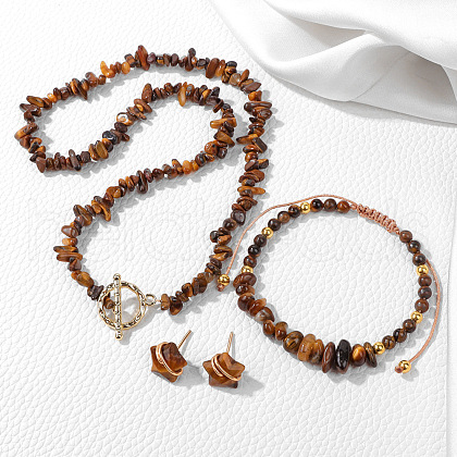 Naturl Tiger Eye Chip with 304 Stainless Steel Beaded Necklace & Braided Bead Bracelet & Star Stud Earring FS-WG0BBF5-03-1