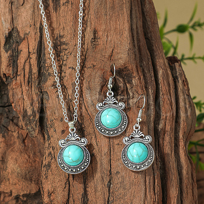Bohemian Ethnic Style Zinc Alloy & Synthetic Turquoise Pendant Necklaces & Dangle Earrings Sets WG7E01E-04-1