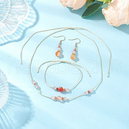 Round Natural Carnelian & Malaysia Jade & Cat Eye Beaded Necklace & Bracelet & Dangle Earring Sets SJEW-JS01331-1