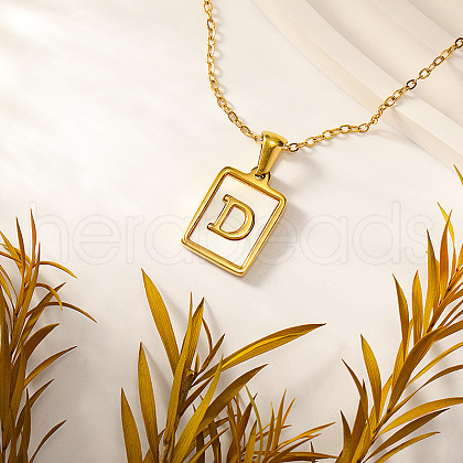Rectangle Stainless Steel Pave Natural White Shell Initial Pendant Necklaces for Women FS-WGB5EDA-04-1