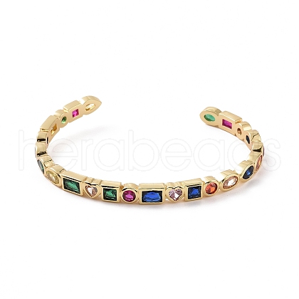 Cubic Zirconia Heart & Rectangle Open Cuff Bangle BJEW-F445-02G-01-1