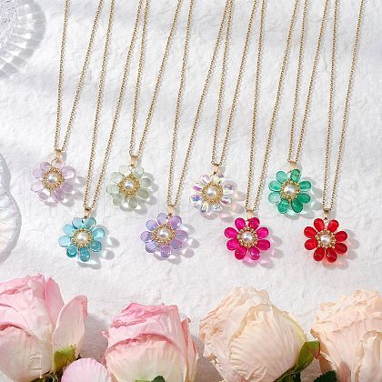 Glass & Glass Pearl Beads Pendants Necklaces for Women NJEW-MZ00106-1