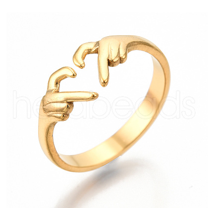 Ion Plating(IP) 304 Stainless Steel Hand Heart Cuff Rings X-RJEW-N038-121LG-1