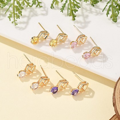 Rhombus & Flat Round Brass Micro Pave Cubic Zirconia Stud Earrings for Women EJEW-G428-20G-1