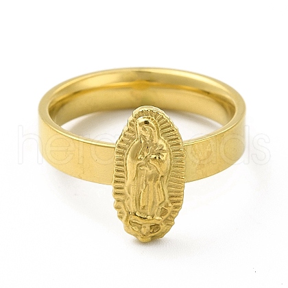 Vacuum Plating 304 Stainless Steel Oval with Virgin Mary Finger Ring for Women RJEW-A013-02G-03-1