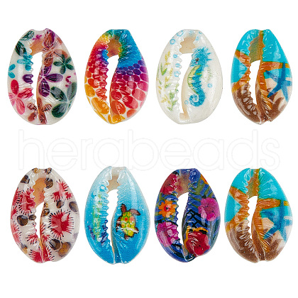  48Pcs 7 Styles Printed Natural Cowrie Shell Beads Sets SSHEL-NB0001-41-1