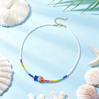 Boho Handmade Lampwork Fish & Colorful Glass Seed Beaded Necklaces for Women NJEW-TA00199-1