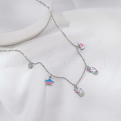 Stainless Steel Colorful Enamel Star Heart Unicorn Pendant Necklaces for Women Daily Wear UE0403-1-1