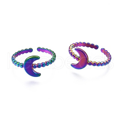 304 Stainless Steel Crescent Moon Cuff Ring RJEW-N038-107-1