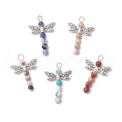 5Pcs 5 Styles Dragonfly Natural Sodalite & Maifanite & Pink Zebra Jasper & Red Jasper & Dyed Magnesite Beaded Pendants PALLOY-JF03857-1