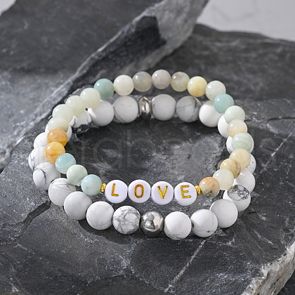 2Pcs 2 Styles Bohemian Style Natural African Turquoise(Jasper) & Flower Amazonite & Howlite Round Beads Stretch Bracelet Set with Love Letter US4306-1