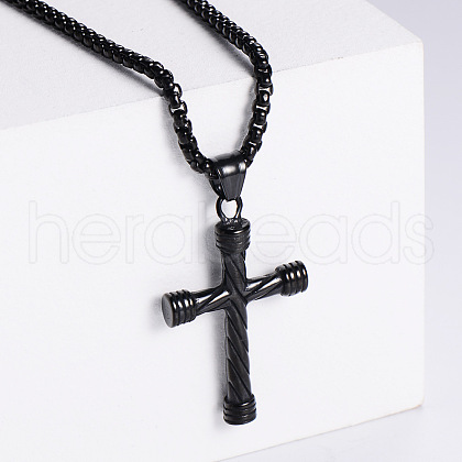 Retro Rock Punk Men's Striped Cross Stainless Steel Pendant Necklaces OM4275-3-1