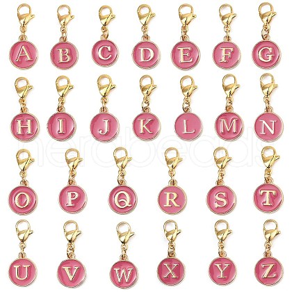 26Pcs 26 Styles Flat Round with Letter A`Z Alloy Enamel Pendant Decoration HJEW-JM02404-1