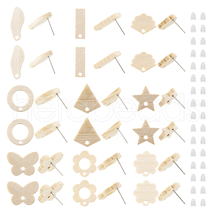  36Pcs 9 Styles Rectangle & Flower & Butterfly & Star Ash Wood Stud Earring Findings EJEW-TA0001-19-1