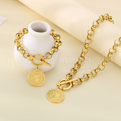 Flat Round with Saint Benedict 304 Stainless Steel Rolo Chain Pendant Necklace & Charm Bracelets Sets FS-WGC58E4-01-1