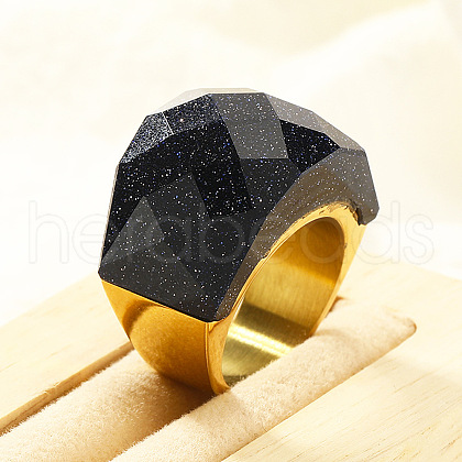 Fashionable 304 Stainless Steel & Synthetic Blue Goldstone Finger Rings FS-WG90577-31-1