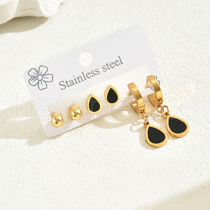 3Pairs Stainless Steel Teardrop & Round Earring Sets NV3821-1