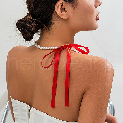 Bowknot Satin Cord Plastic Imitation Pearl Round Beaded Choker Necklaces for Women WG8633D-02-1
