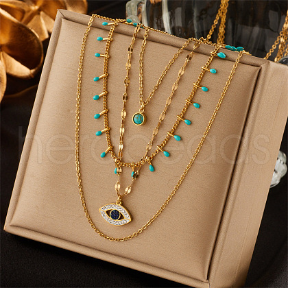 304 Stainless Steel & Synthetic Turquoise Pendant Multi Layered Necklaces for Women FS-WG34384-04-1