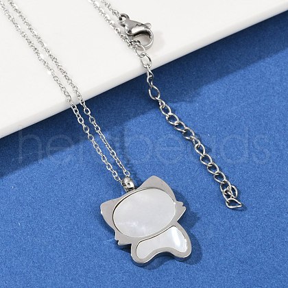 304 Stainless Steel Pave Natural White Shell Cute Cat Shaped Pendant Necklaces for Women NJEW-F339-01P-1
